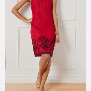 Red Sleeveless Dress with navy Pattern